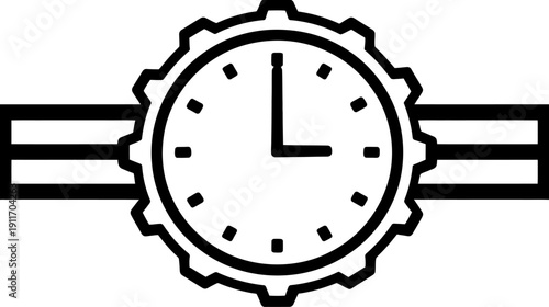 Black and white illustration of a wristwatch with a gear-like bezel, showing time