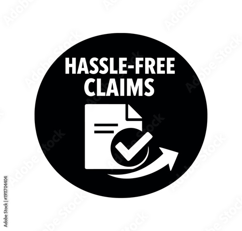Flat vector badge HASSLE FREE CLAIMS simple white document with checkmark and arrow