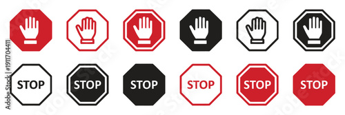 Stop hand sign icons octagon shape red and black colors
