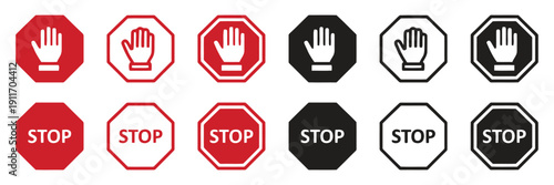 Stop hand sign icons octagon shape red and black colors
