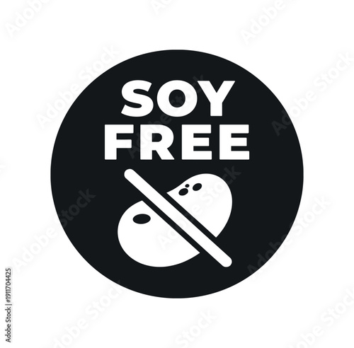 Flat vector badge SOY FREE simple white bean with slash