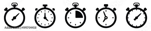 Stopwatch icons displaying different times and progress segments in black and white