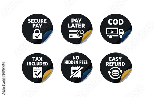 six separate flat vector sticker peel badges badge solid black circle sticker with peeled corner ( ) : SECURE PAY lock check icon PAY LATER card clock icon COD cash truck icon TAX INCLUDED