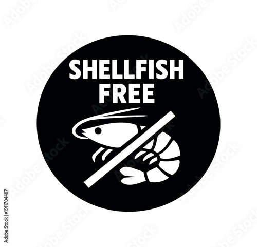 Flat vector badge SHELLFISH FREE simple white shrimp with slash