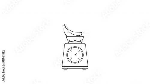 Weighing bananas on a kitchen scale. Linear animation on a white background. 4k video