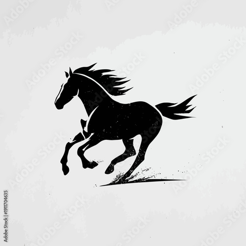 Silhouetted black horse in full gallop, speckled texture. White background. Splash effect under hooves