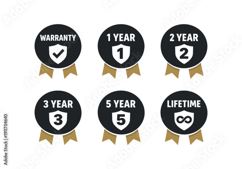 six separate flat vector ribbon badges badge solid black circle with two ribbon : WARRANTY shield check icon 1 YEAR shield 1 icon 2 YEAR shield 2 icon YEAR shield icon 5 YEAR shield 5 icon