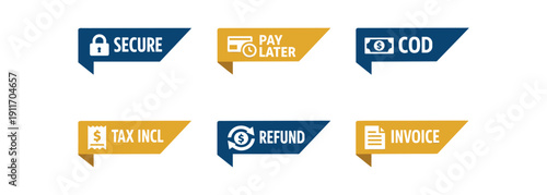 six separate flat vector corner callout stickers badge solid triangle label ( ) : SECURE lock icon PAY LATER card clock icon COD cash icon TAX INCL receipt icon REFUND coin arrows icon