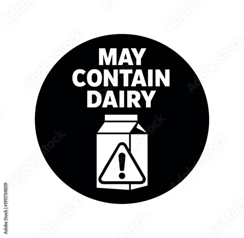 Flat vector badge MAY CONTAIN DAIRY simple white milk carton with alert triangle