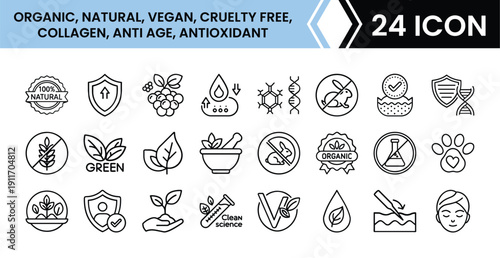 Natural Skincare Outline Icon Set in Line Art Style for Organic, Vegan, Anti-Age, and Antioxidant Products, Digital Interface Design