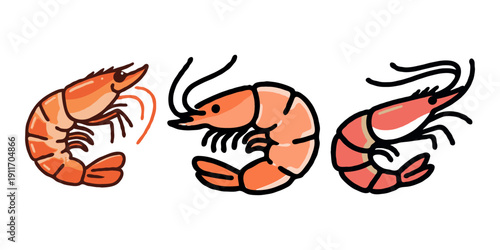 Three cartoon-style shrimp with distinct colors and details, outlined in bold black lines, placed on a clean white background, representing seafood