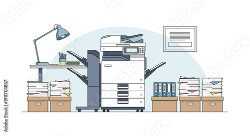 Professional office environment featuring a large multi function printer surrounded by stacks of paper and organized file folders.