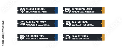 six separate flat vector label strip badges solid black horizontal banner with die cut notches white bold uppercase long text and beside text small muted color tabs ( ) : SECURE CHECKOUT