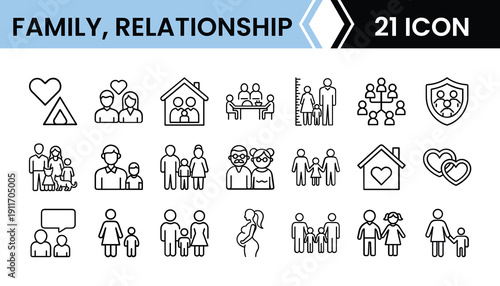 Outline Family & Relationship Icon Set 21 in Line Art Style for Marriage, Parenting, Friendship, and Digital Interface Design