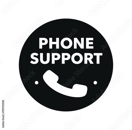 Flat vector badge PHONE SUPPORT simple white phone handset