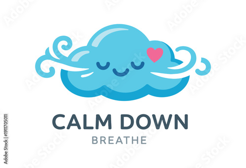 Single flat vector icon of kids calm down: rounded breathing cloud with three soft breath swirl shapes tiny heart dot stylish modern cutout look made with clean negative space gaps and soft