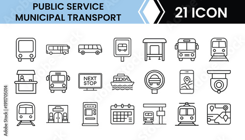 Outline Municipal Transport Icon Set 21 in Line Art Style for City Transport, Public Transit, Commuting, and Digital Interface Design