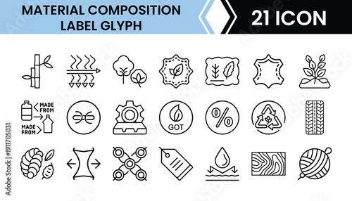Outline Material Label Icon Set 21 in Line Art Style for Textile, Clothing, Packaging, and Digital Interface Design