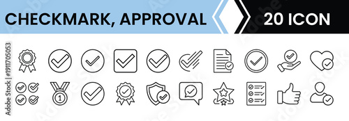 Outline Approval Icon Set 20 in Line Art Style for Verification, Confirmation, Checklist, and Digital Interface Design