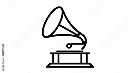 A black and white line drawing of a gramophone on a white background
