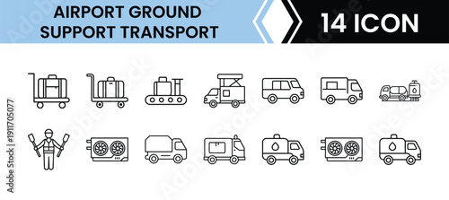 Outline Airport Ground Support Transport Icon Set 14 in Line Art Style for Aviation, Ground Handling, Logistics, and Digital Interface Design