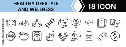 Outline Wellness & Healthy Lifestyle Icon Set 18 in Line Art Style for Fitness, Nutrition, Mental Health, and Digital Interface Design