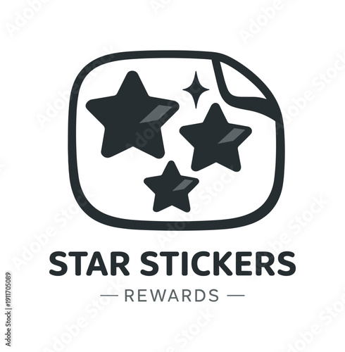 Single flat vector icon of sticker stars: rounded sticker sheet with three cutouts tiny peel corner one sparkle dot stylish modern cutout look made with clean negative space gaps and soft