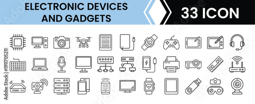 Outline Electronic Devices and Gadgets Icon Set in Line Art Style for Technology, Hardware, and Digital Interface Design