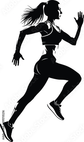 Silhouette of a fit woman running and exercising in athletic gear on a white background