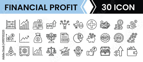 Outline Financial Profit Icon Set in Line Art Style for Revenue, Earnings, Investment, and Digital Interface Design