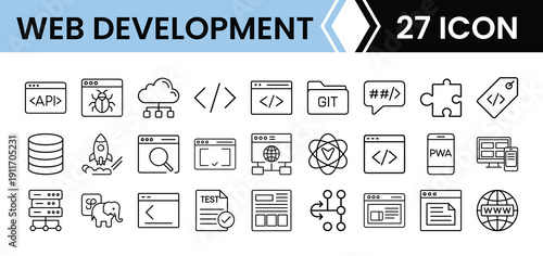 Outline Web Development Icon Set in Line Art Style for Coding, Programming, Frontend, Backend, and Digital Interface Design