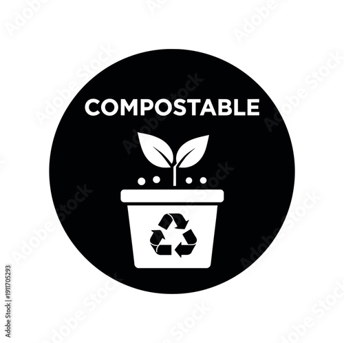 Flat vector badge COMPOSTABLE simple white leaf with compost bin