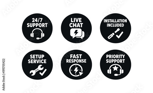 six separate flat vector badges badge solid black circle with the text consistent style and size badge texts and : 24/7 SUPPORT headset icon LIVE CHAT chat lightning icon INSTALLATION