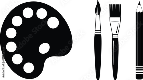Black Artist Tool Vector Set, Painter Palette And Brushes With Pencil Icons For Fine Art Studio, Creative Hobby, School Education