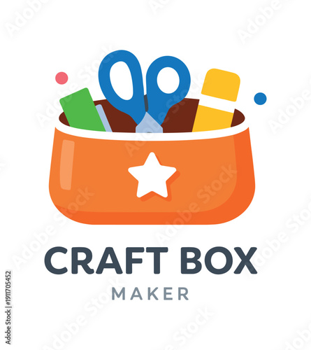 Single flat vector icon of kids craft box: rounded box with small cutout scissors handle shapes peeking two tiny confetti dots stylish modern cutout look made with clean negative space gaps