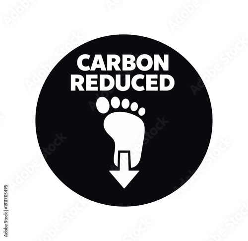 Flat vector badge CARBON REDUCED simple white footprint with down arrow