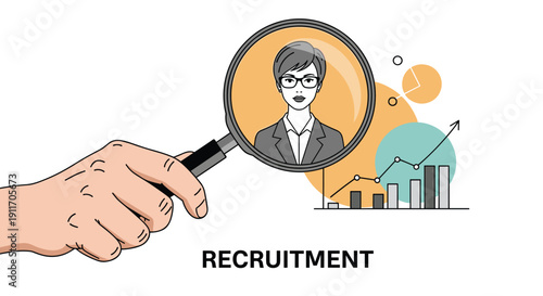 Human resources professional using a magnifying glass to evaluate a female candidate for recruitment and talent acquisition.