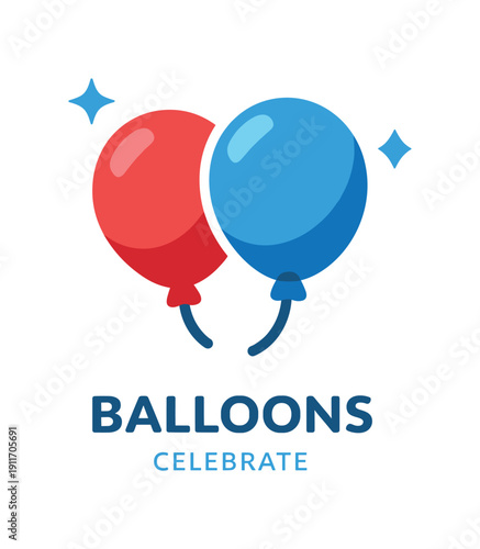 Single flat vector icon of kids balloons: two rounded balloons with short strings tiny knot dot two sparkle dots stylish modern cutout look made with clean negative space gaps and soft