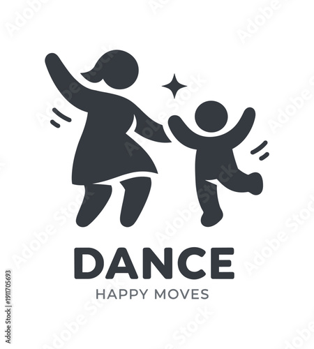 Single flat vector icon of mother and child dancing: two rounded silhouettes with raised arms two tiny motion ticks one sparkle dot stylish modern cutout look made with clean negative space
