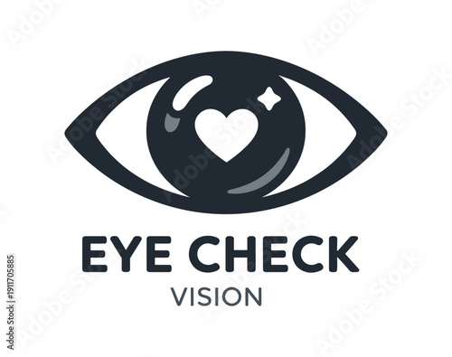 Single flat vector icon of kids eye check: rounded eye shape with small heart cutout the pupil tiny sparkle dot stylish modern cutout look made with clean negative space gaps and soft