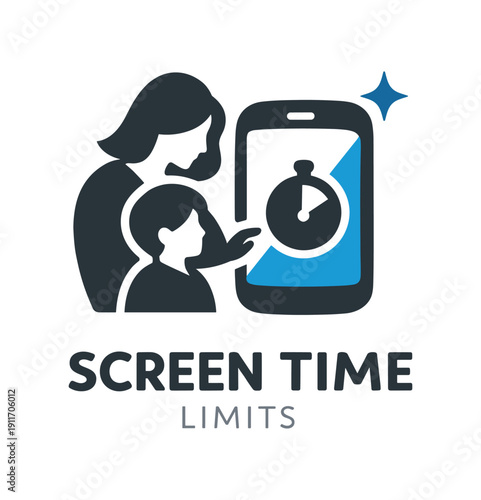 Single flat vector icon of mother setting screen time: rounded phone with tiny timer dot mother and child silhouettes beside one calm sparkle dot stylish modern cutout look made with clean