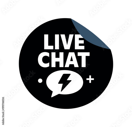 Flat vector sticker peel badge solid black sticker with peeled corner LIVE CHAT simple white chat bubble with lightning