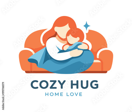 Single flat vector icon of mother and child hug on sofa: rounded sofa cushion behind mother holding child tiny blanket fold cutout one calm sparkle dot stylish modern cutout look made with