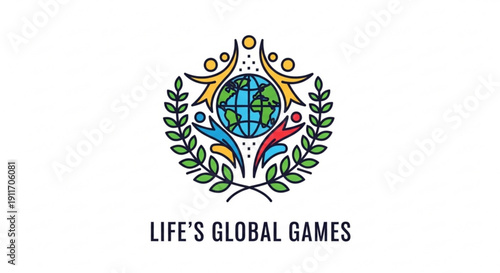 Vibrant global games logo with earth surrounded by leaves and stylized human figures in colorful design