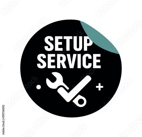 Flat vector sticker peel badge SETUP SERVICE simple white wrench checkmark