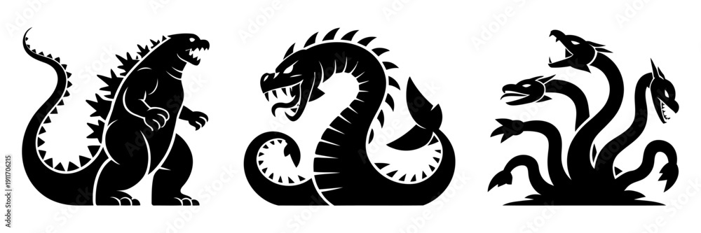 Obraz premium Monster silhouette collection mythical creature kraken tentacles, ocean serpent, dragon illustration design set black
