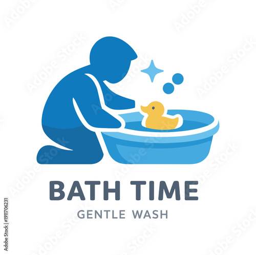 Single flat vector icon of father baby bath time: rounded father silhouette kneeling by small tub tiny duck shape the water two bubble dots above the tub one sparkle stylish modern cutout