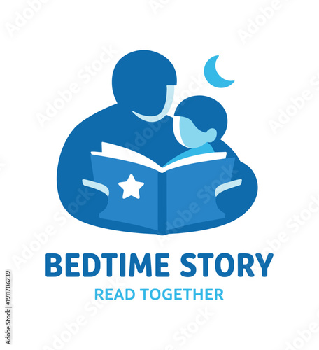 Single flat vector icon of father reading bedtime story: rounded father silhouette sitting with child on his lap an open book with small cutout tiny moon dot above stylish modern cutout
