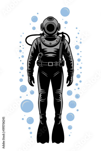 Scuba diver underwater silhouette with bubbles deep sea diving exploration ocean sport adventure design
