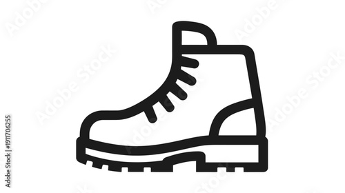 A side-view illustration of a black, outlined hiking boot against a plain white background